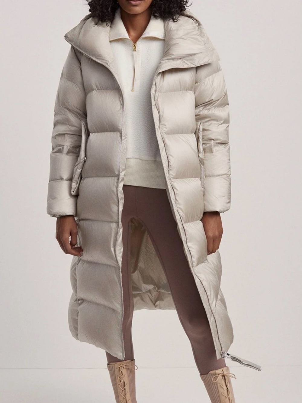 Varley Long Hooded Down Puffer Coat — Light Beige